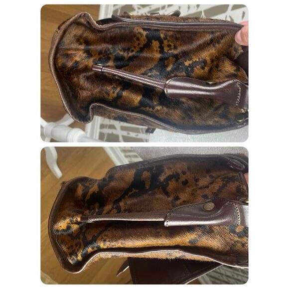 Italian Leather Hair On Hide Cow Print Satchel Chocolate Brown - Picture 7 of 13